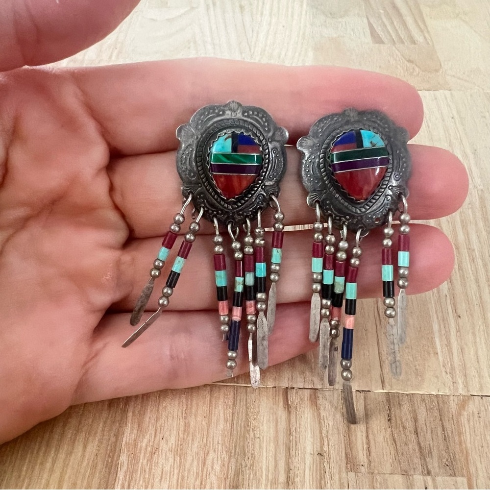 QT Sterling silver Native American dangle fringe Southwestern earrings on posts - Picture 2 of 10